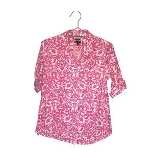 Talbots size 8 Pink floral Boho Short cuffed Sleeve Button Down Shirt